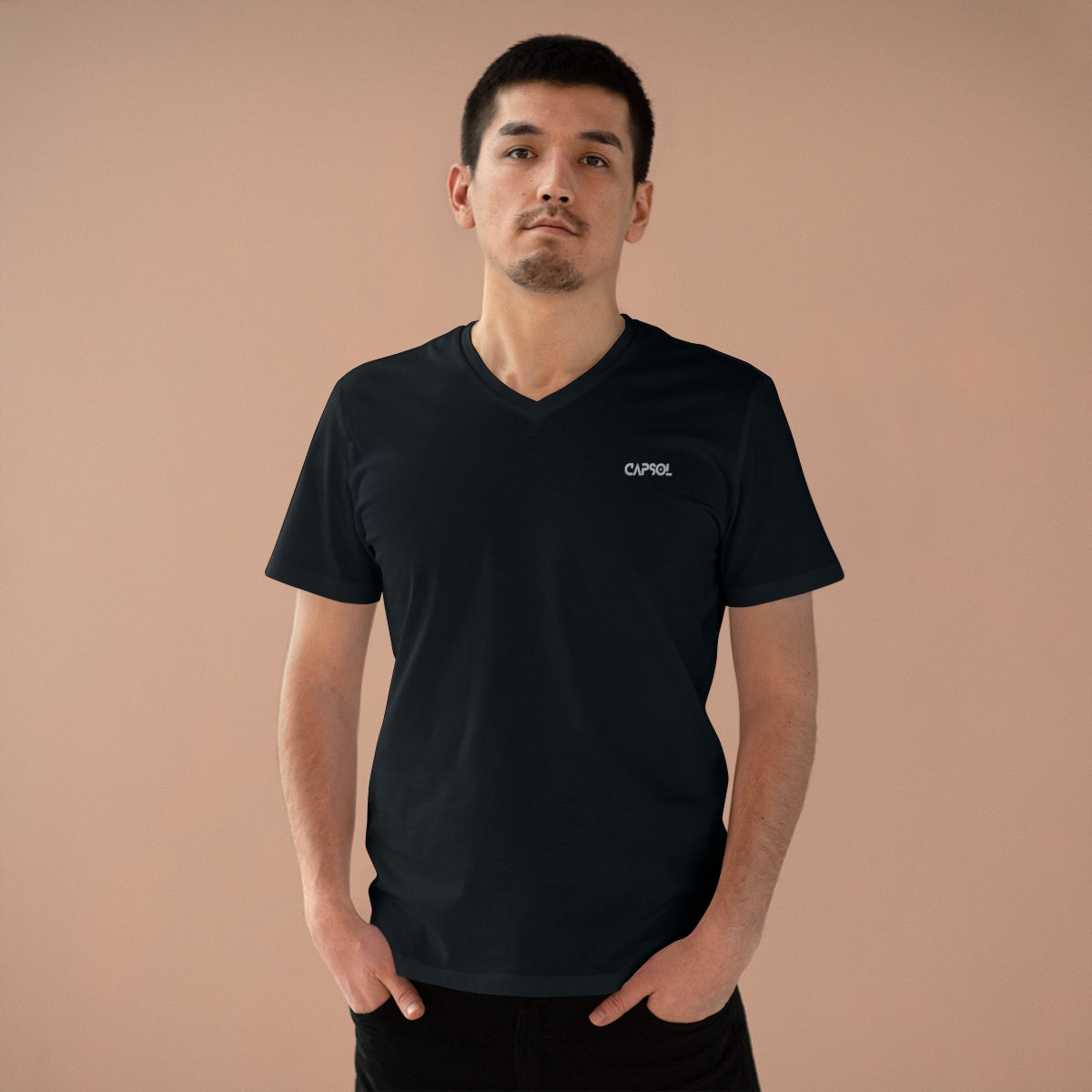 CapSol (front left) - black text - Men’s Presenter V-neck