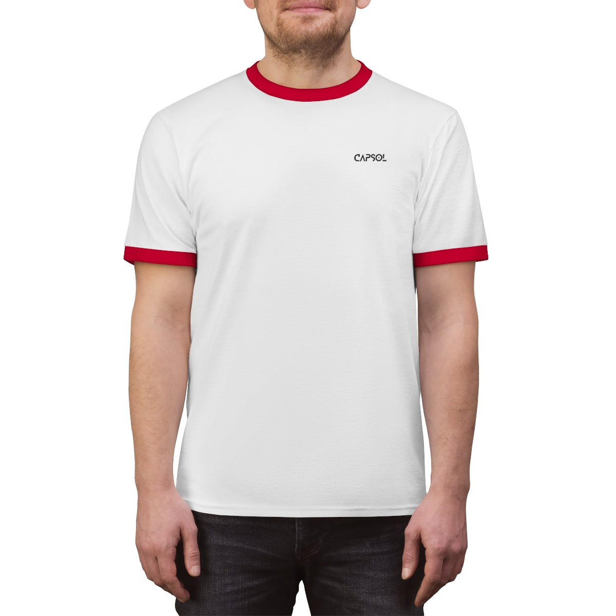 CapSol (front left) - white text - Unisex Ringer Tee