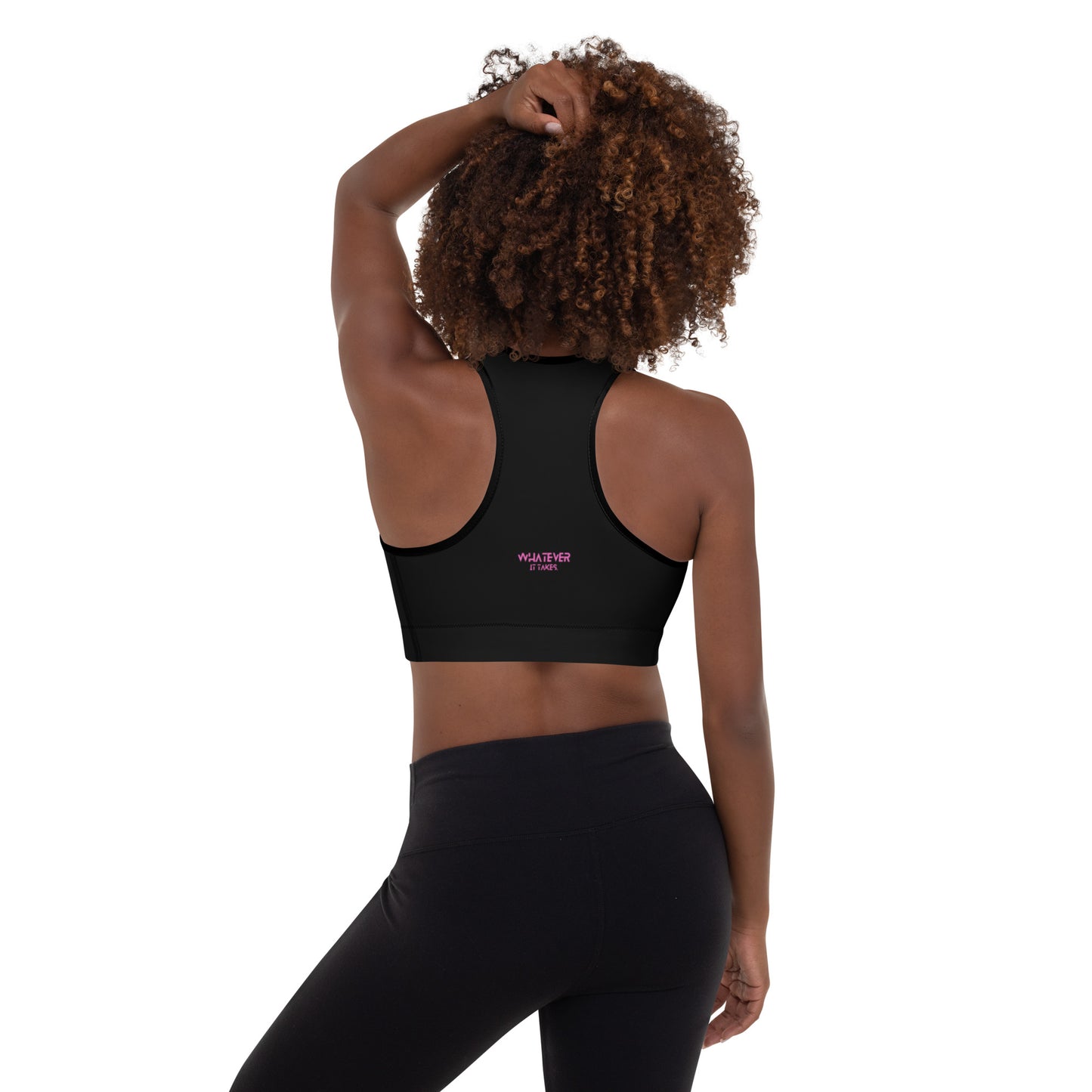 Black - CapSol (front) / Whatever it takes (back) - pink text - Padded Sports Bra