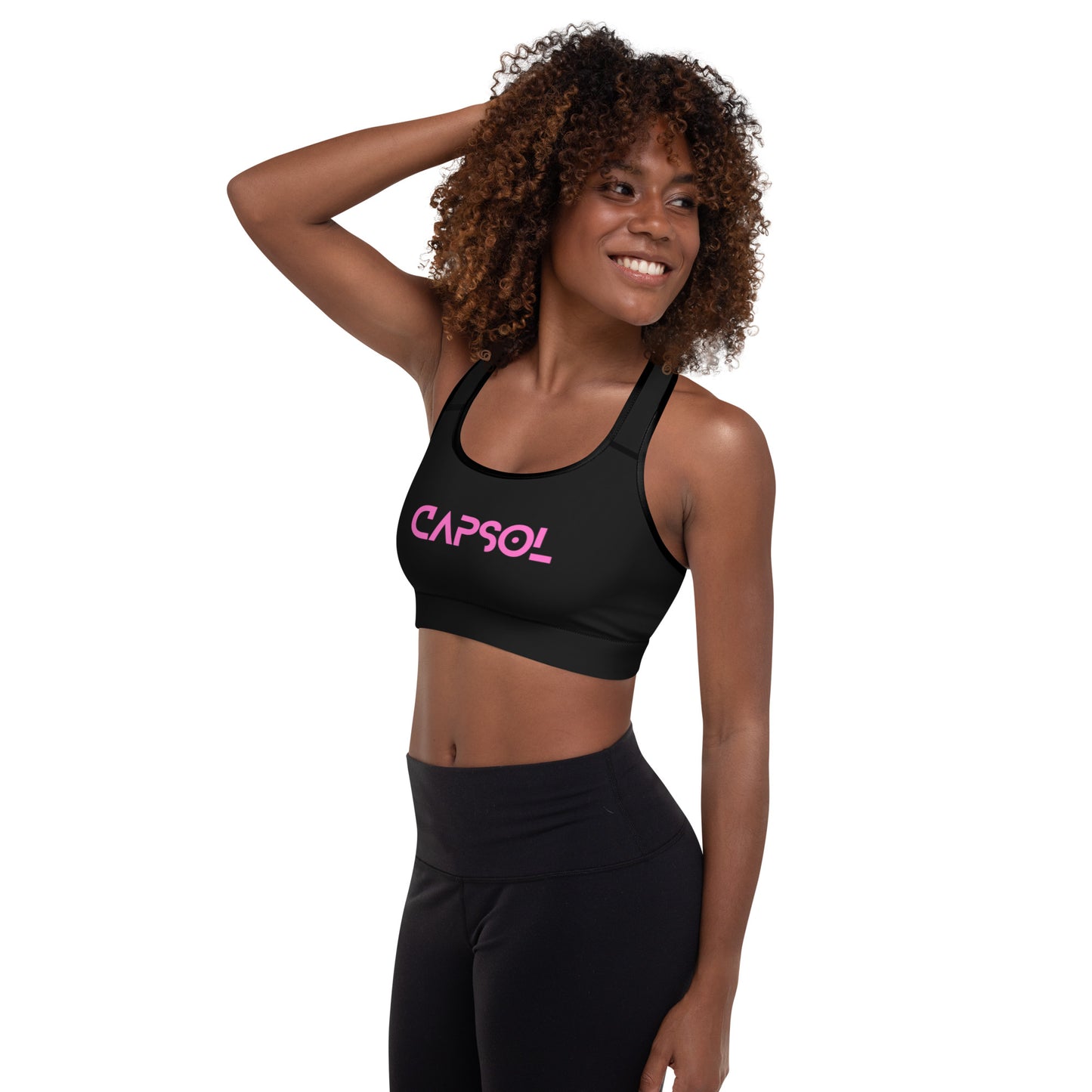 Black - CapSol (front) / Whatever it takes (back) - pink text - Padded Sports Bra