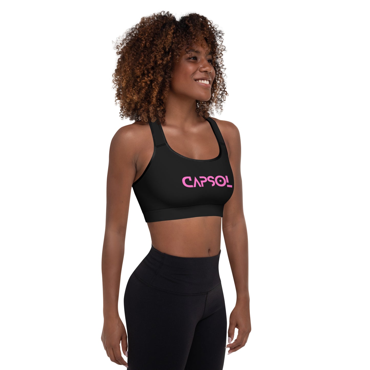 Black - CapSol (front) / Whatever it takes (back) - pink text - Padded Sports Bra