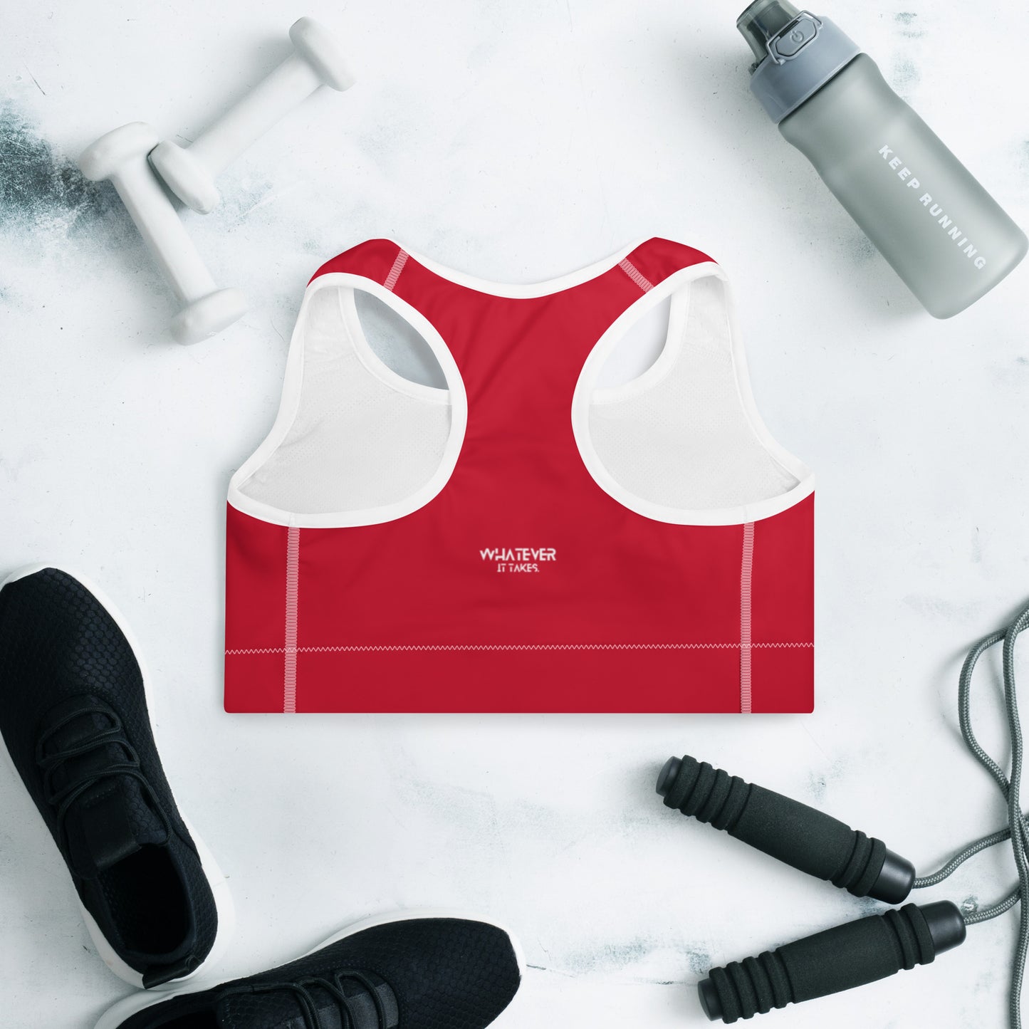 Red - CapSol (front) / Whatever it takes (back) - white text - Padded Sports Bra