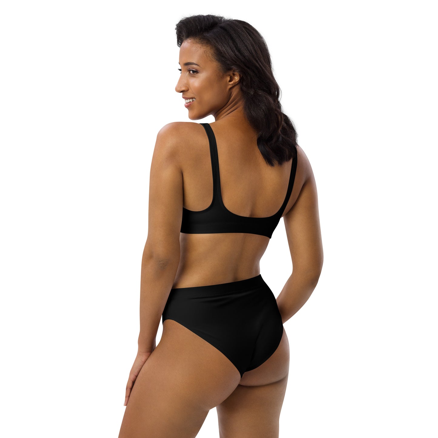 Black - front left - white text - high-waisted bikini