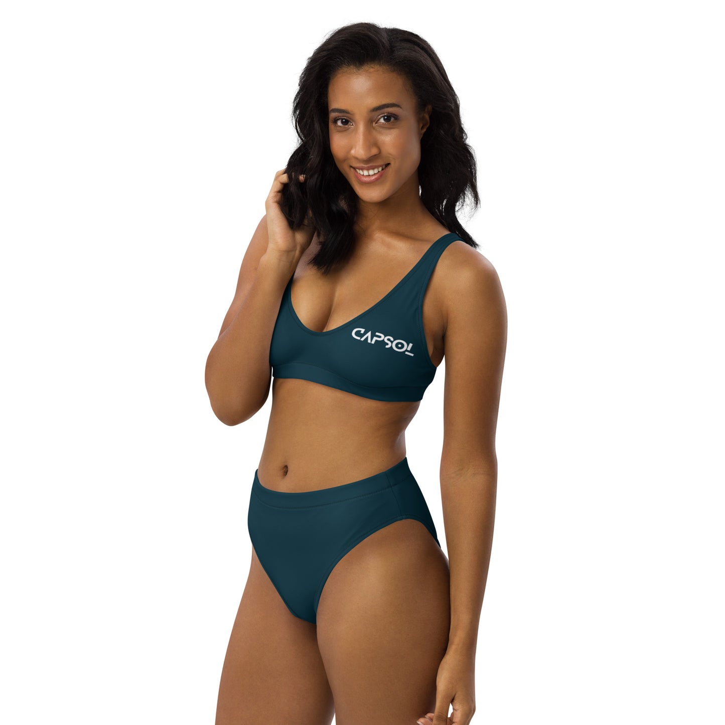 Blue Whale - front left - white text - high-waisted bikini