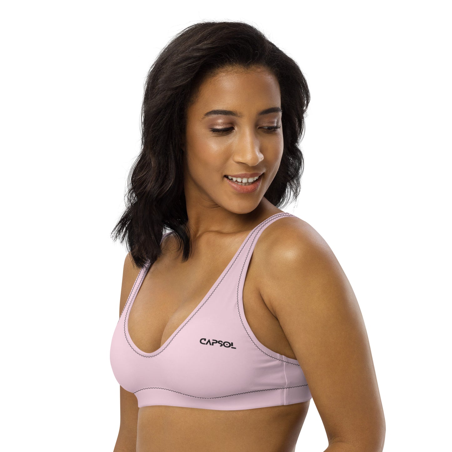Light Pink - front left - black text - padded bikini top