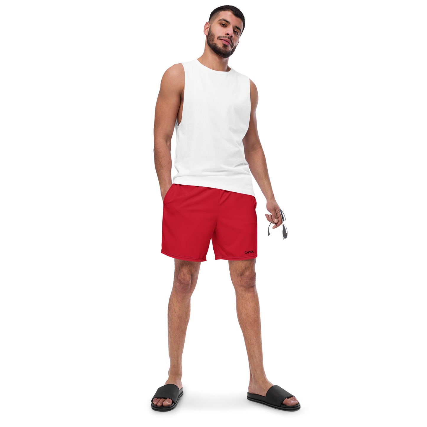 Red - black text - Swim trunks