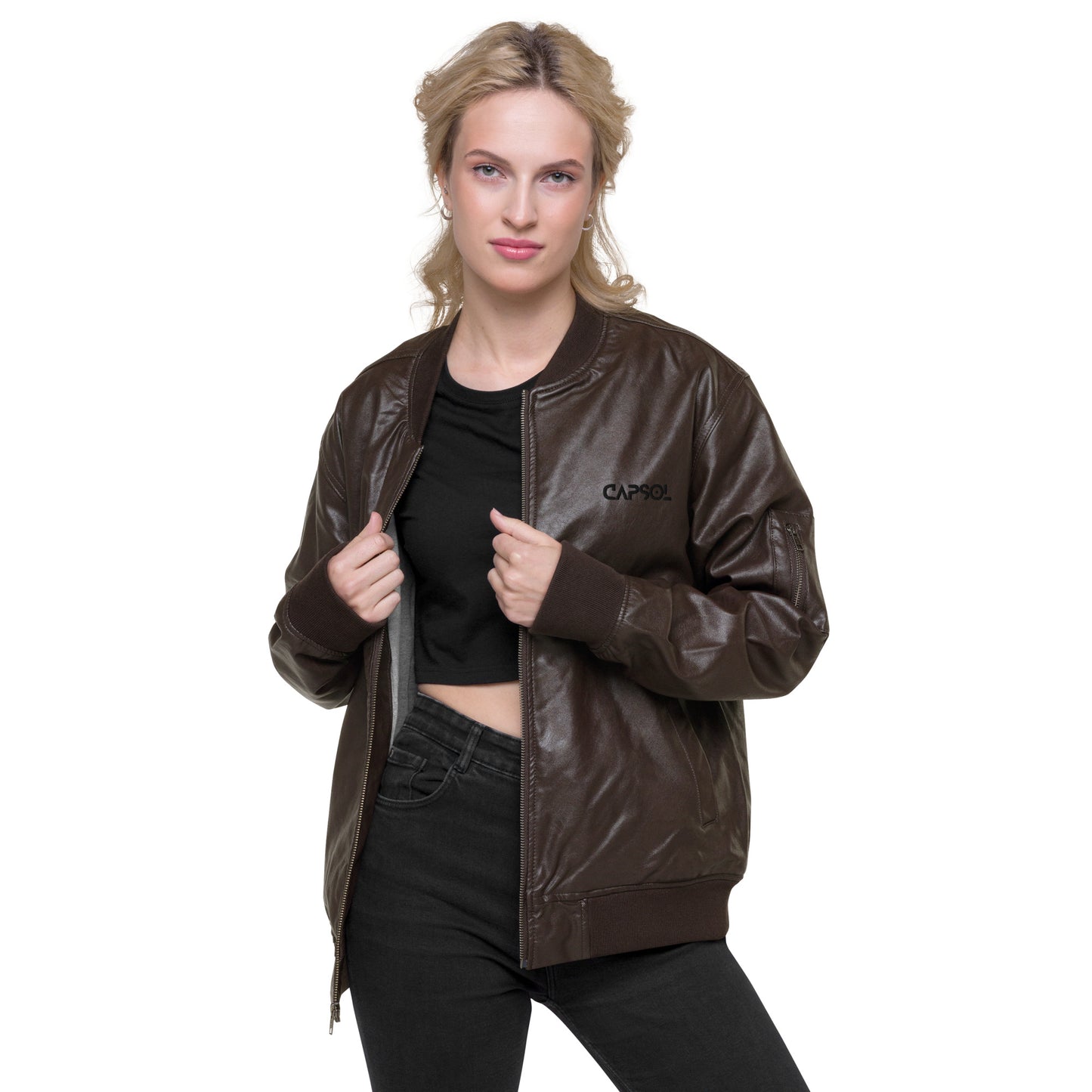 CapSol (front) - black thread - Leather Bomber Jacket