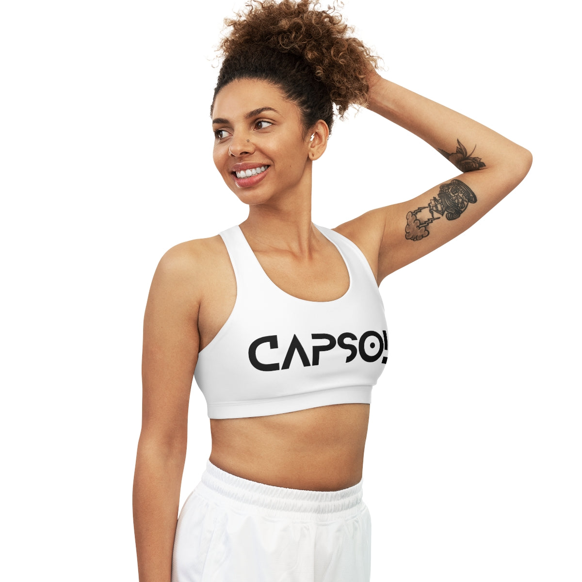 CapSol (front) / Whatever it takes (back) - black text - Seamless Sports Bra (AOP)