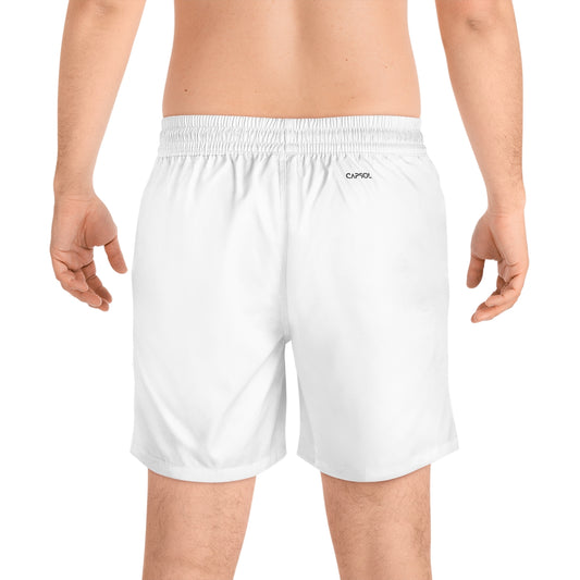 White - black text - b/w string - Mid-Length Swim Shorts