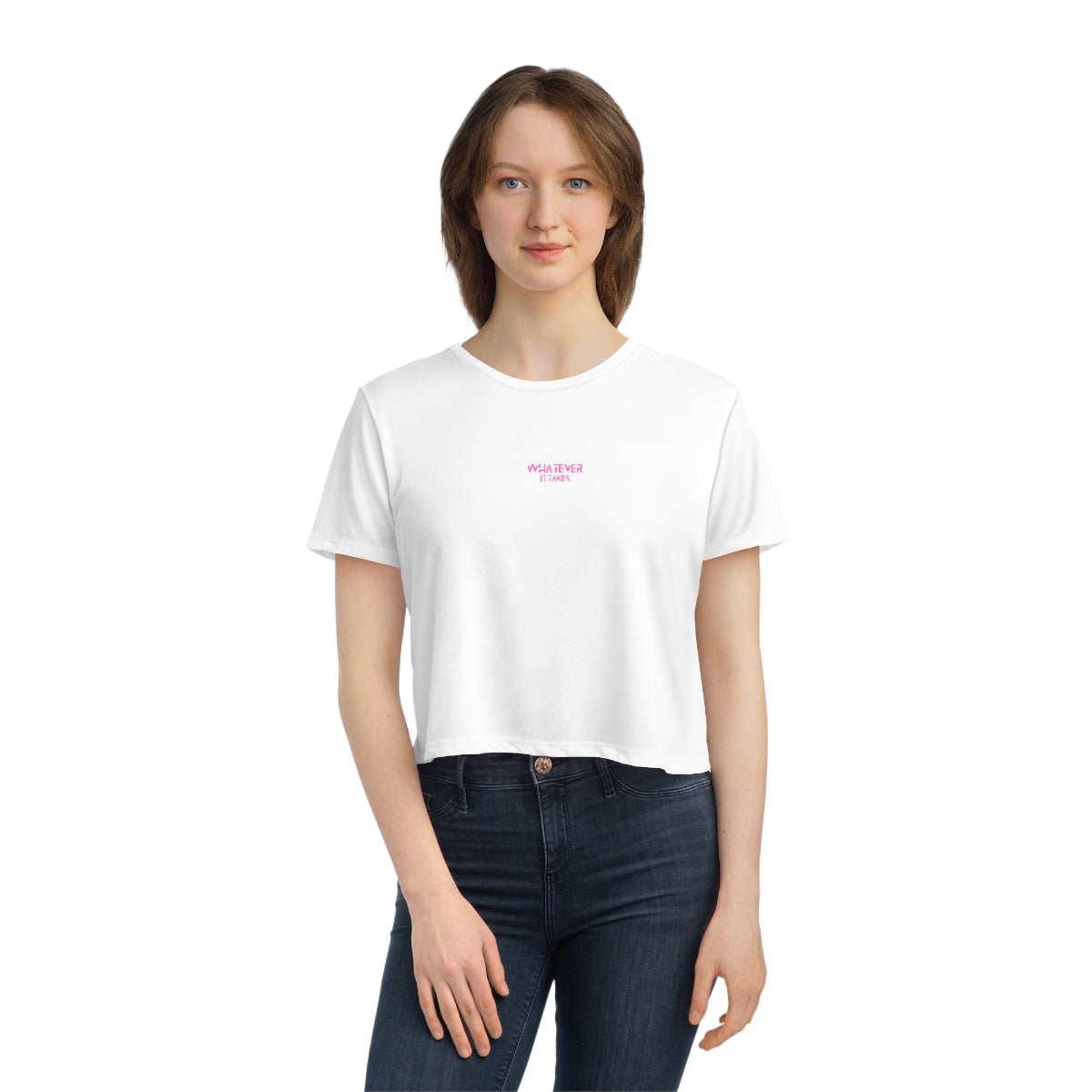 Whatever it takes (front) - pink text - Women's Flowy Cropped Tee