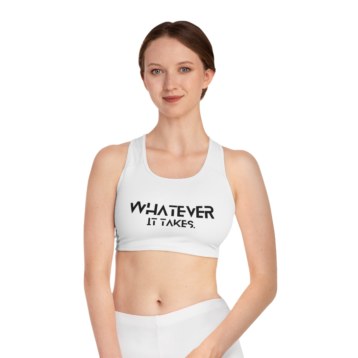 Whatever it takes (front) / CapSol (back) - black text - Sports Bra (AOP)