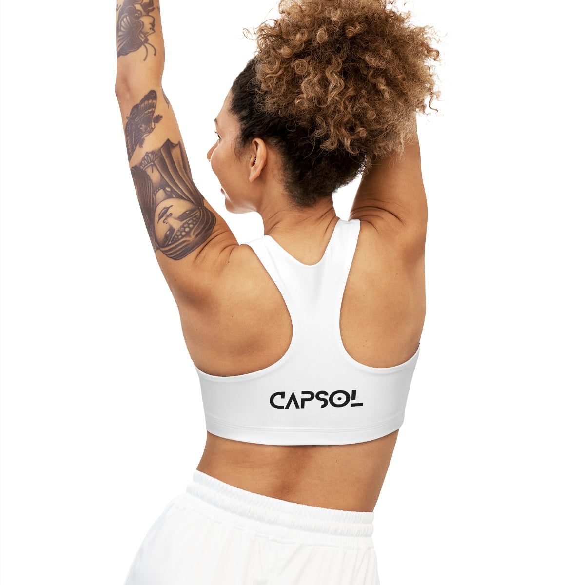 Whatever it takes (front) / CapSol (back) - black text - Seamless Sports Bra (AOP)