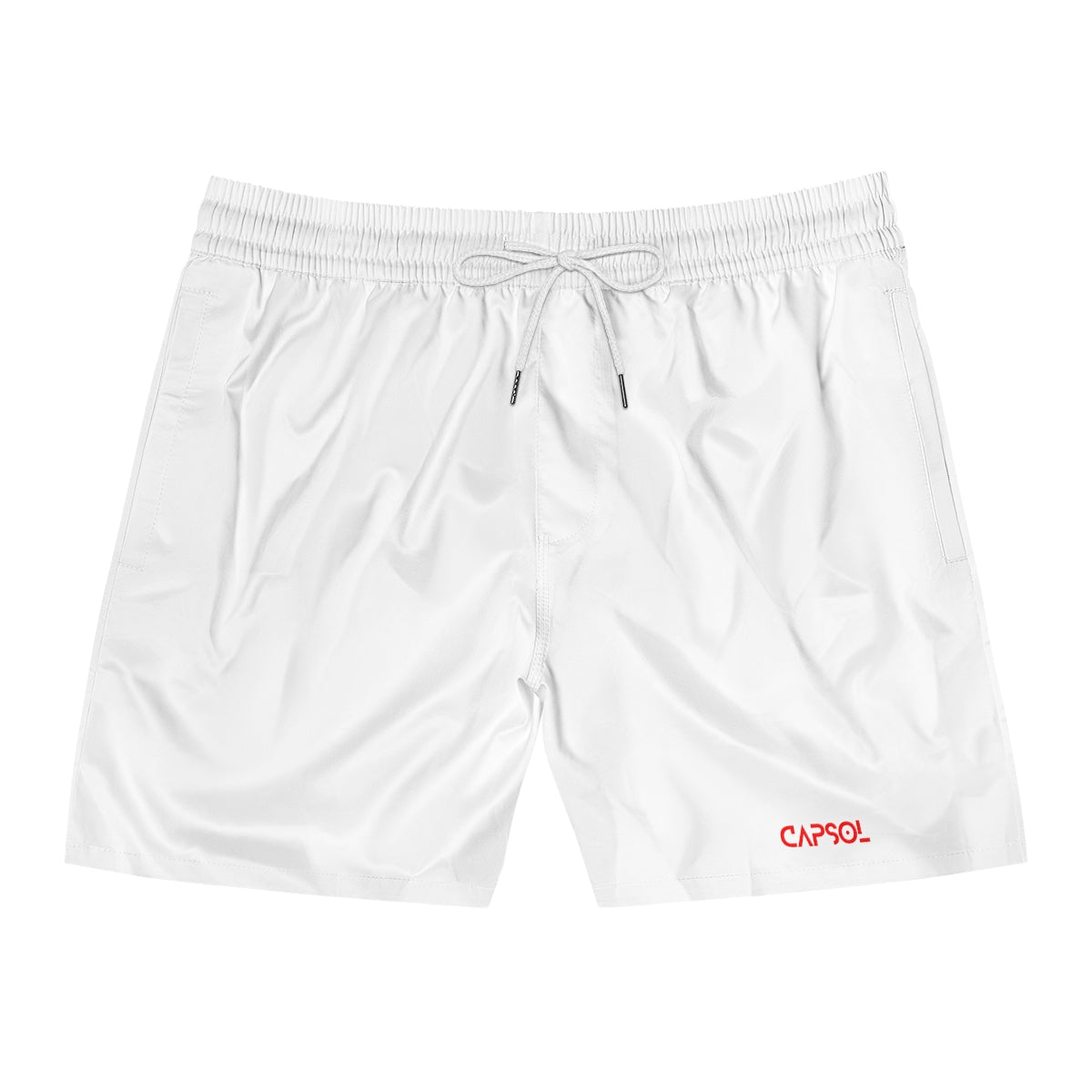 White - bright red text - b/w string - Mid-Length Swim Shorts