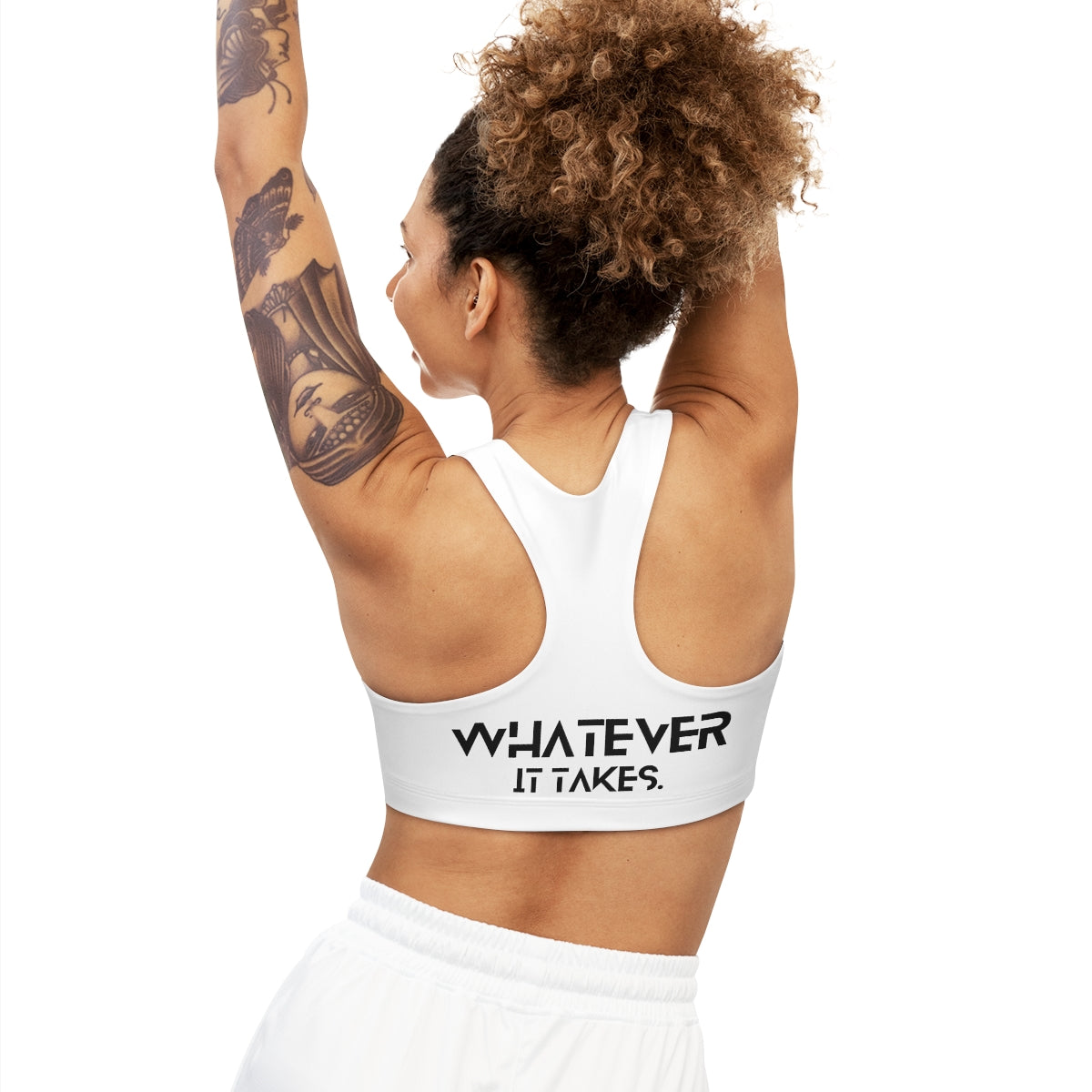 CapSol (front) / Whatever it takes (back) - black text - Seamless Sports Bra (AOP)