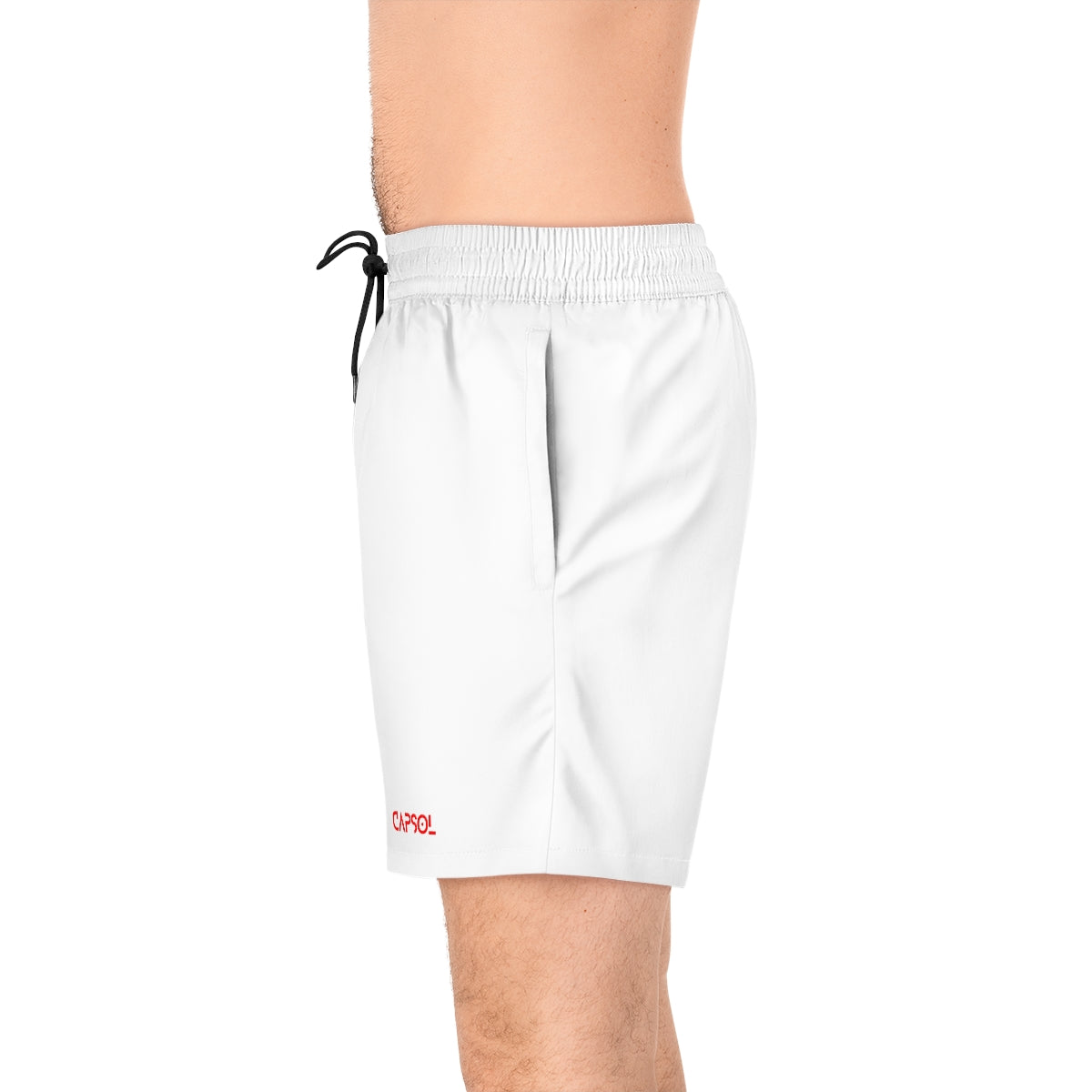 White - bright red text - b/w string - Mid-Length Swim Shorts