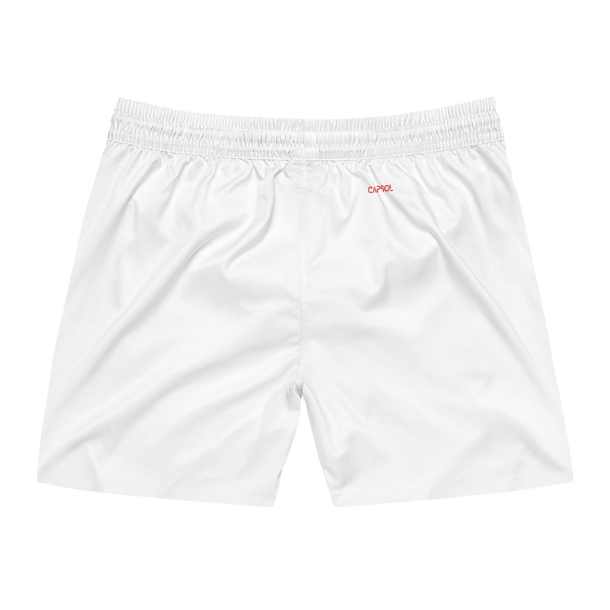 White - bright red text - b/w string - Mid-Length Swim Shorts