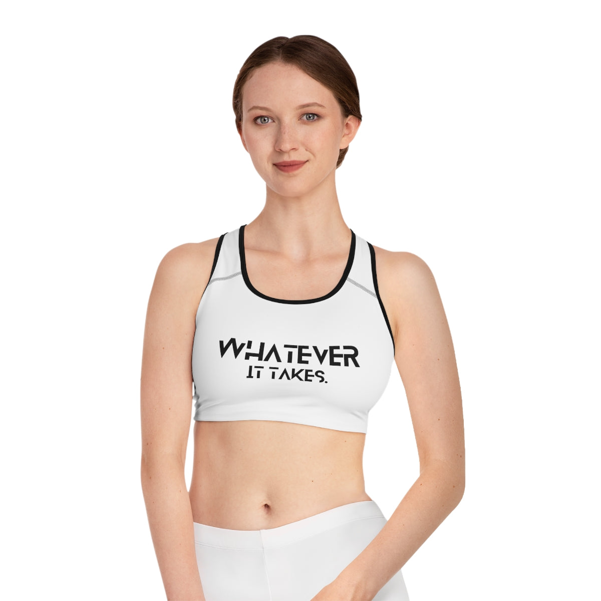 Whatever it takes (front) / CapSol (back) - black text - Sports Bra (AOP)