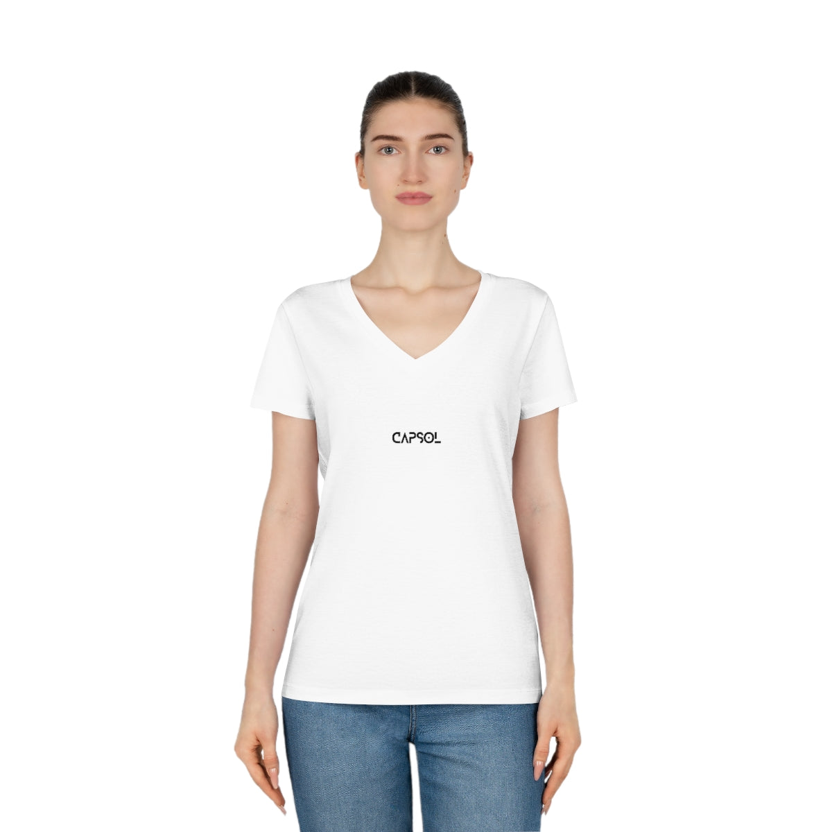 CapSol (front) - white text - Women's Evoker V-Neck T-Shirt