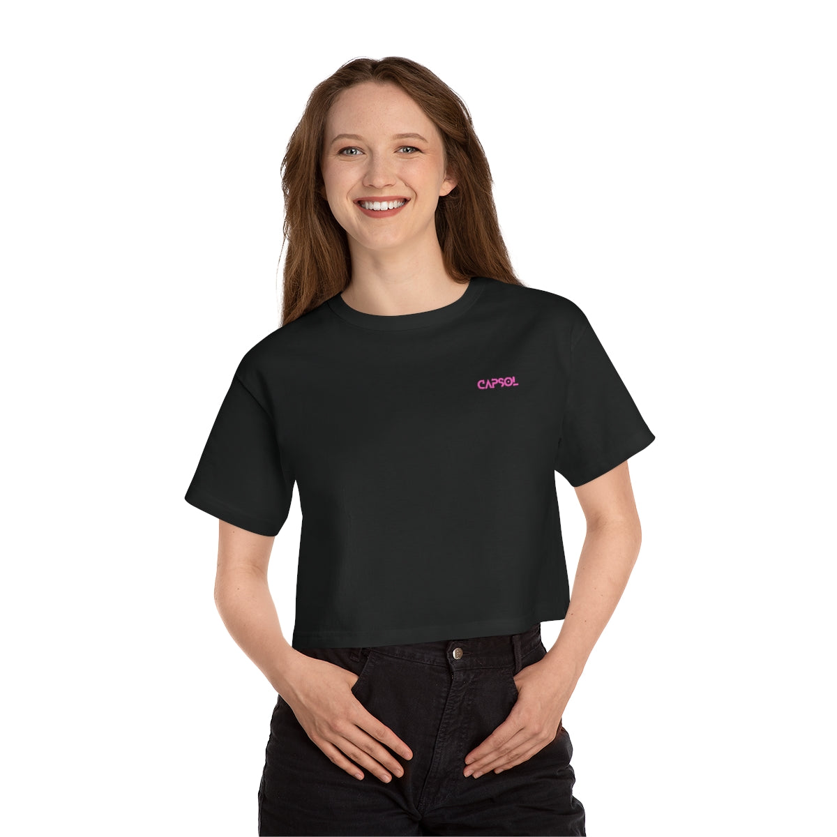 CapSol (front left) - pink text - CHAMPION Women's Heritage Cropped T-Shirt