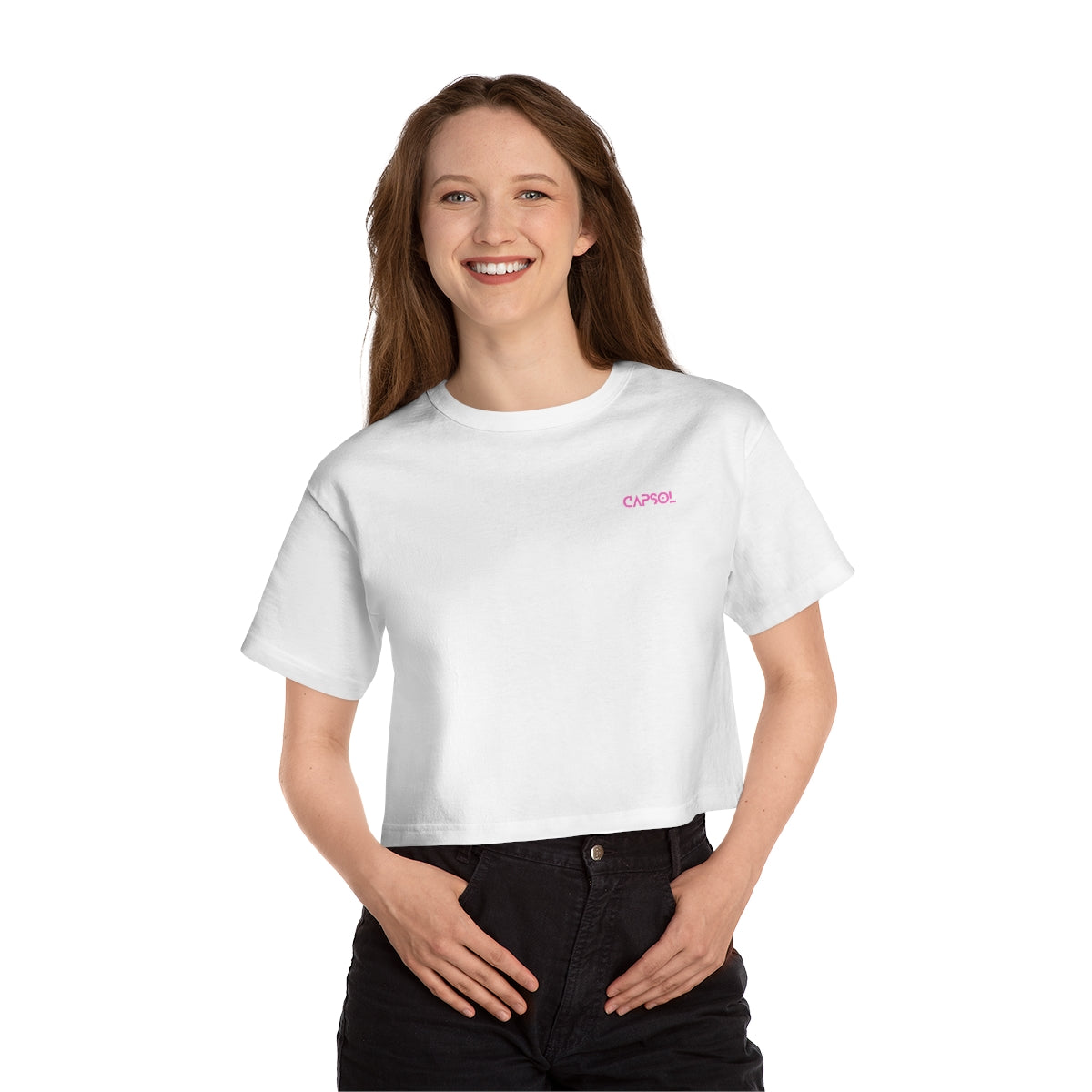 CapSol (front left) - pink text - CHAMPION Women's Heritage Cropped T-Shirt
