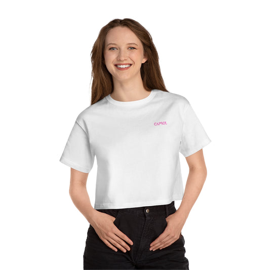 CapSol (front left) - pink text - CHAMPION Women's Heritage Cropped T-Shirt