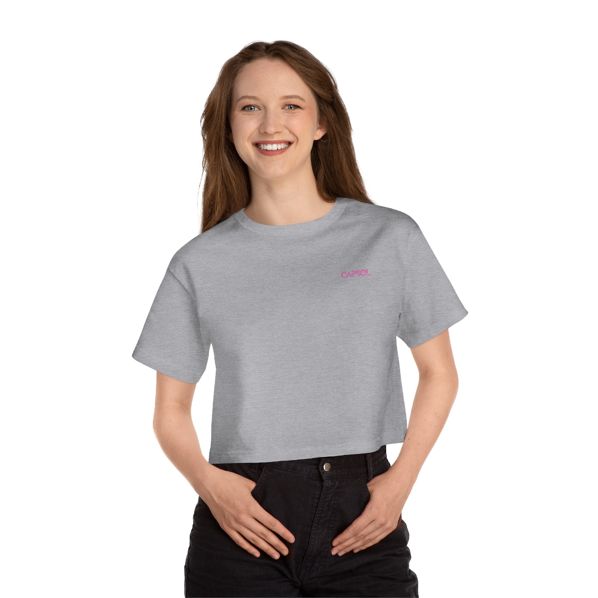 CapSol (front left) - pink text - CHAMPION Women's Heritage Cropped T-Shirt