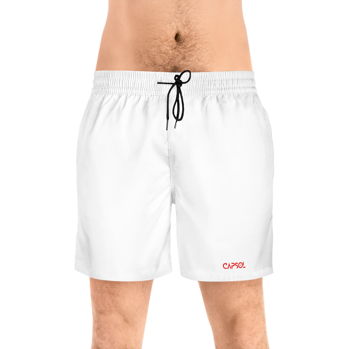 White - bright red text - b/w string - Mid-Length Swim Shorts