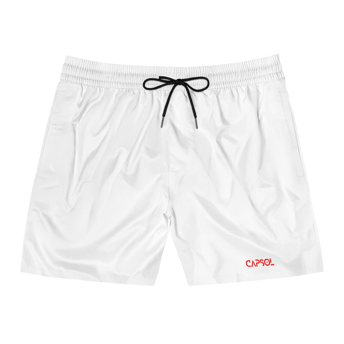 White - bright red text - b/w string - Mid-Length Swim Shorts