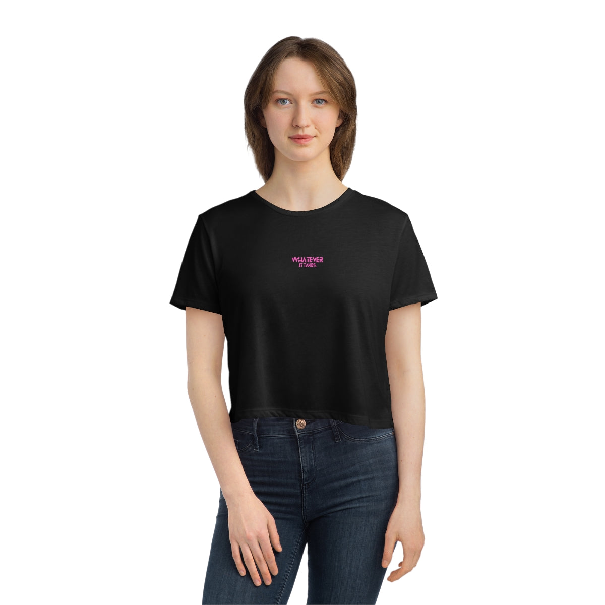 Whatever it takes (front) - pink text - Women's Flowy Cropped Tee