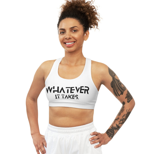 Whatever it takes (front) / CapSol (back) - black text - Seamless Sports Bra (AOP)