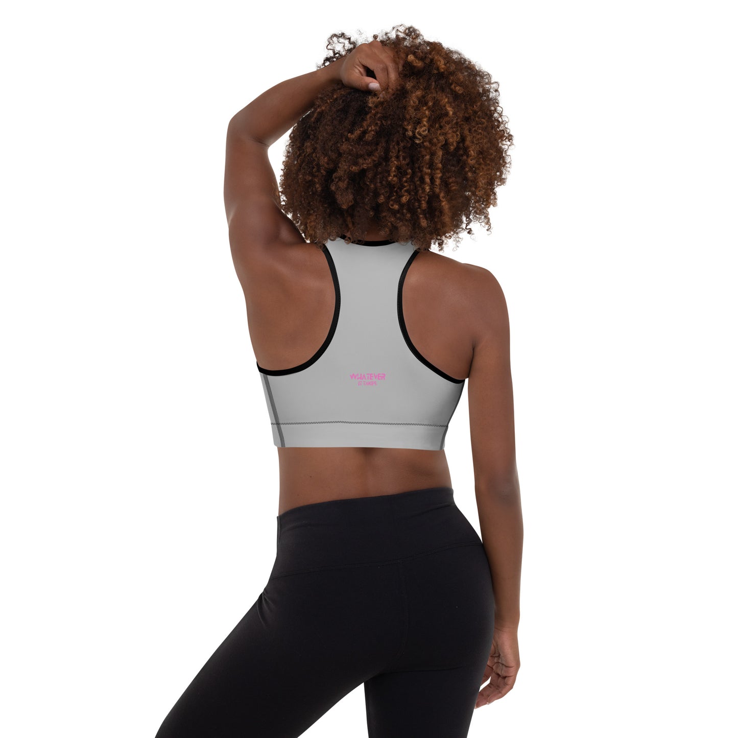 Silver - CapSol (front) / Whatever it takes (back) - pink text - Padded Sports Bra