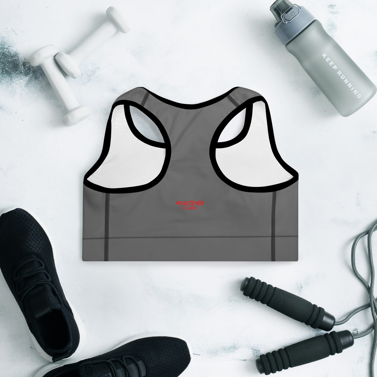 Grey - CapSol (front) / Whatever it takes (back) – bright red text - Padded Sports Bra