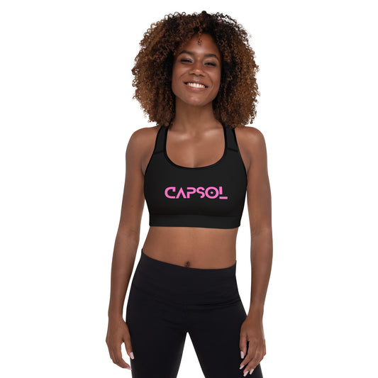 Black - CapSol (front) / Whatever it takes (back) - pink text - Padded Sports Bra