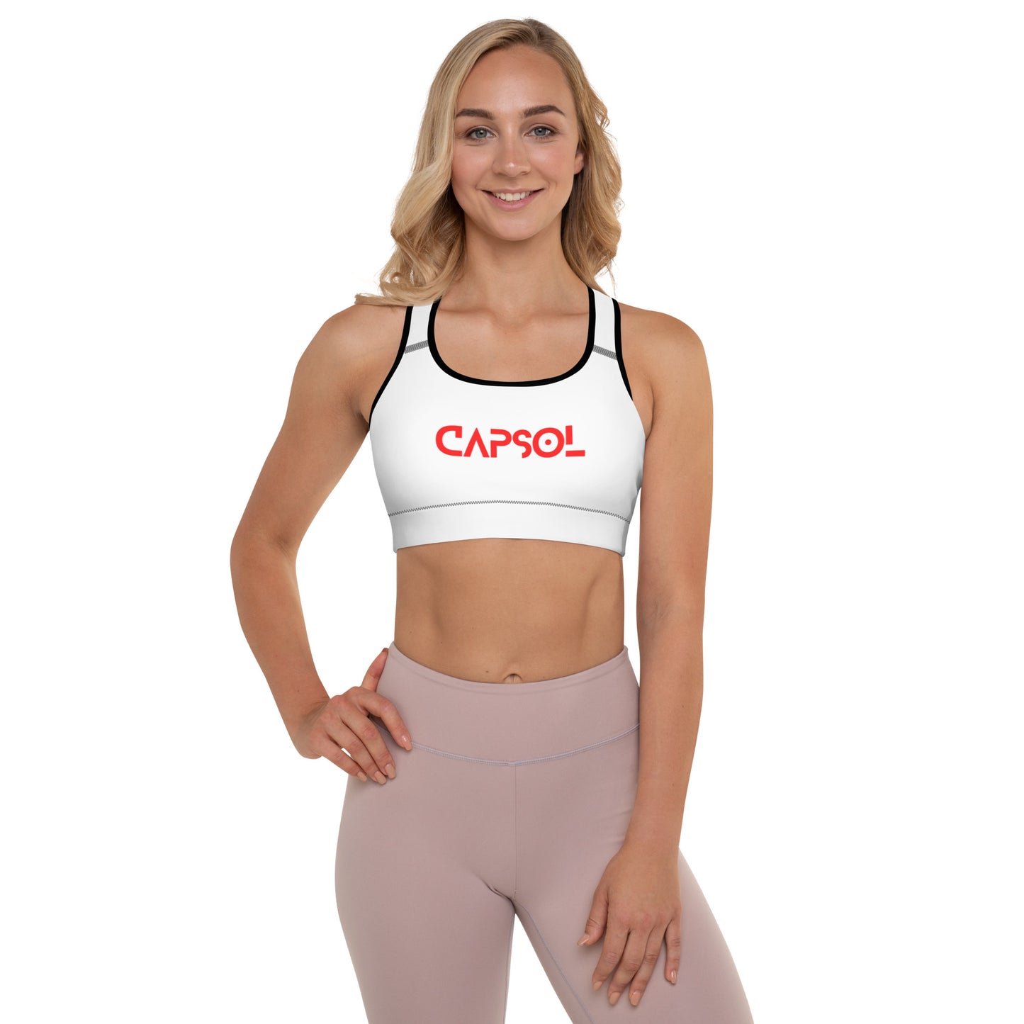 White - CapSol (front) / Whatever it takes (back) – bright red text - Padded Sports Bra