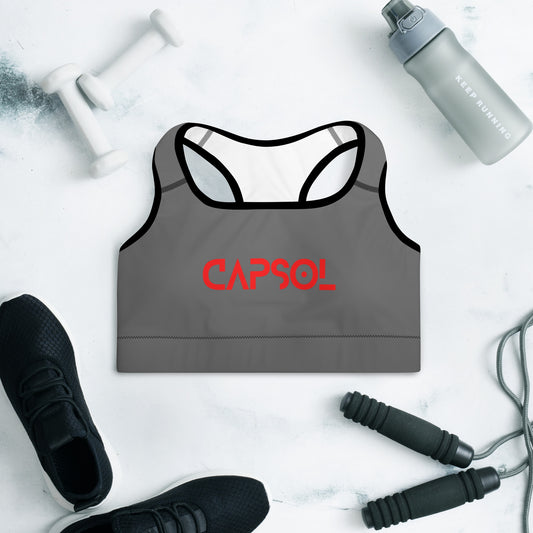 Grey - CapSol (front) / Whatever it takes (back) – bright red text - Padded Sports Bra