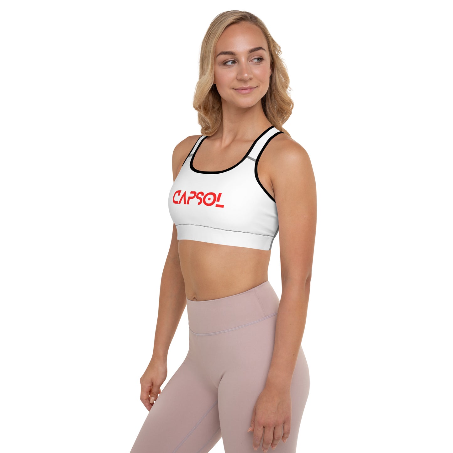 White - CapSol (front) / Whatever it takes (back) – bright red text - Padded Sports Bra