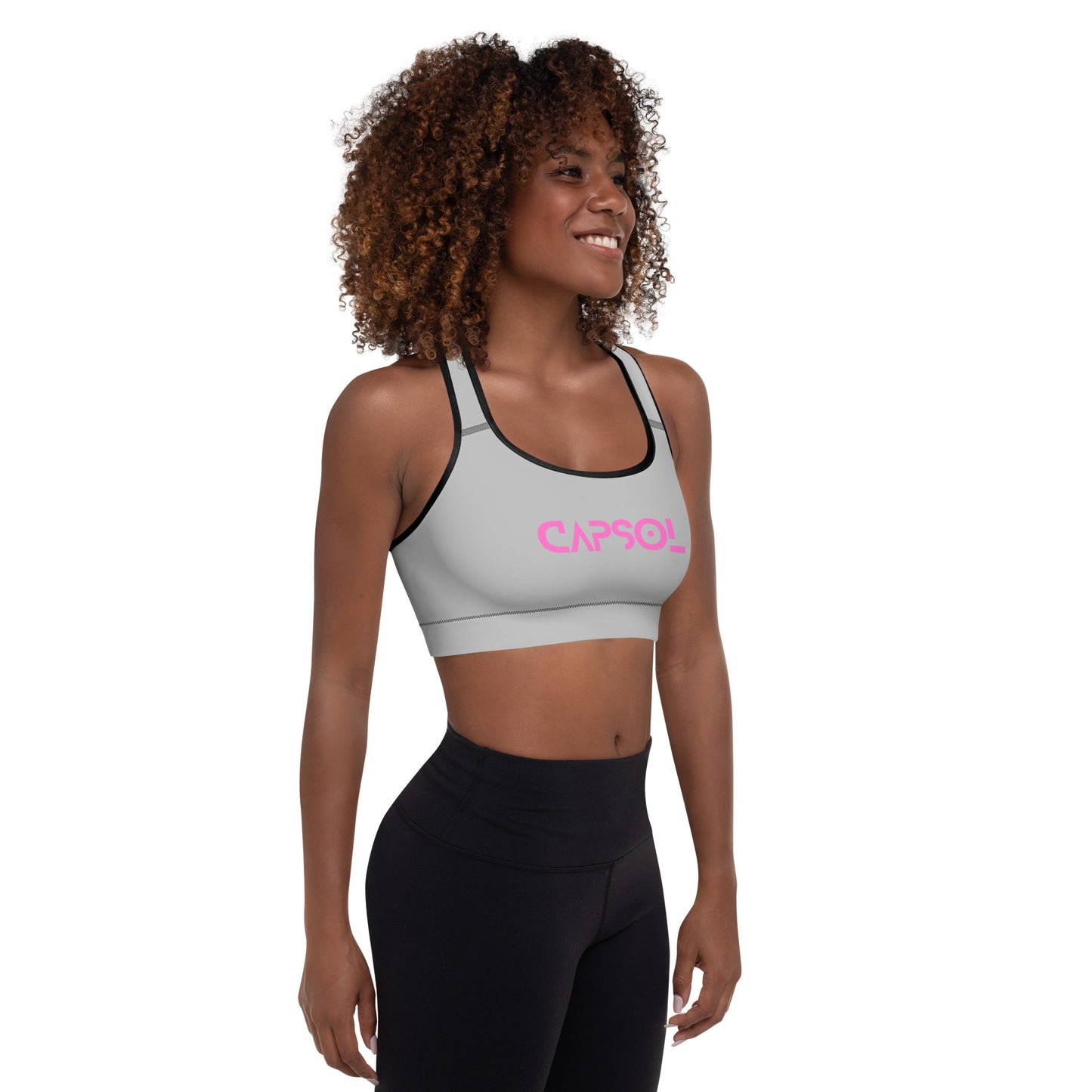 Silver - CapSol (front) / Whatever it takes (back) - pink text - Padded Sports Bra