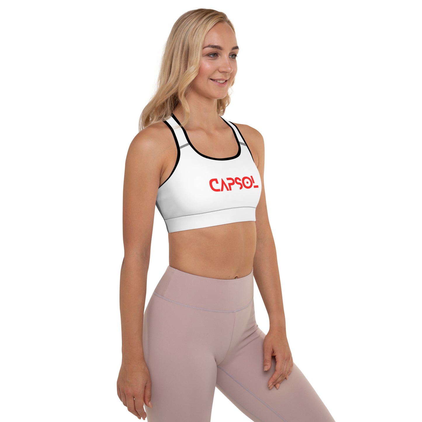 White - CapSol (front) / Whatever it takes (back) – bright red text - Padded Sports Bra