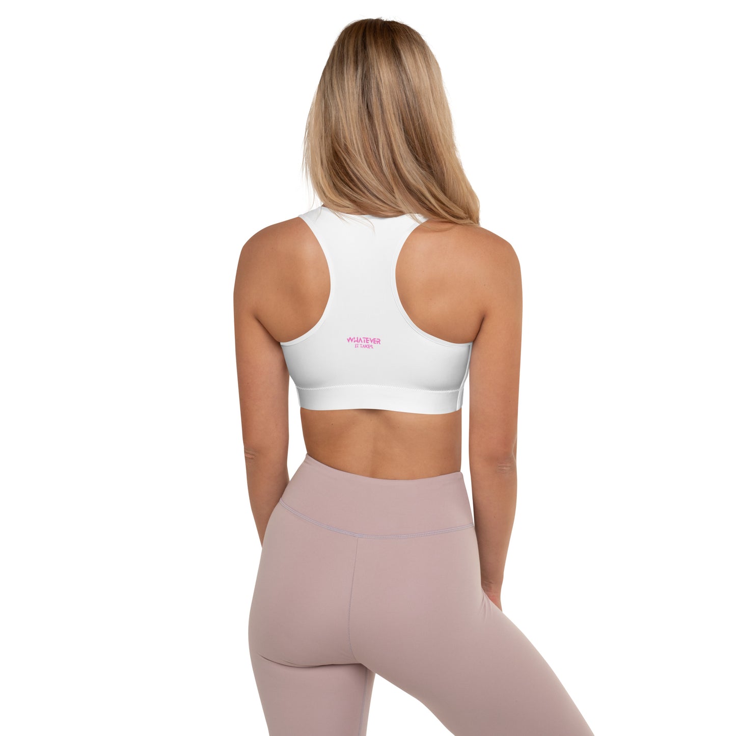 White - CapSol (front) / Whatever it takes (back) - pink text - Padded Sports Bra