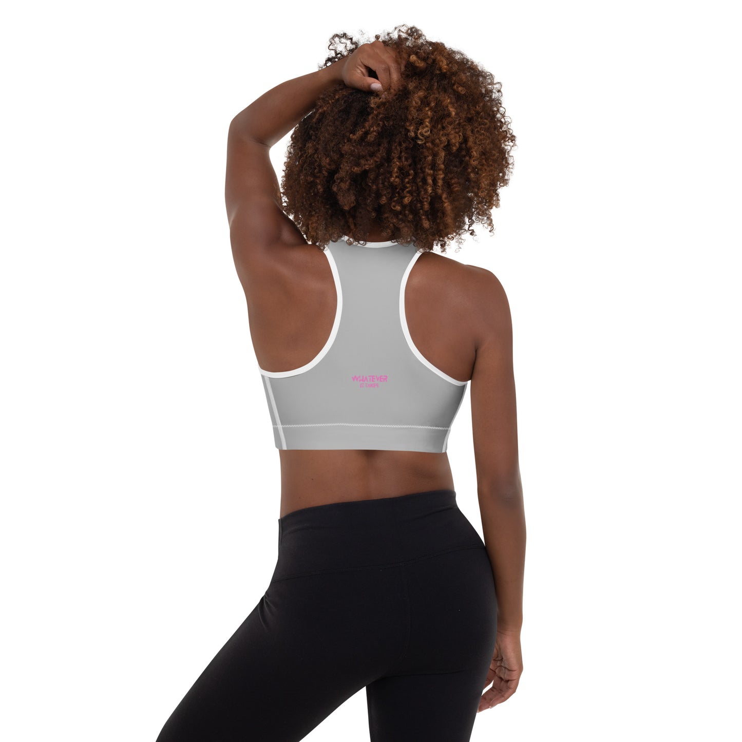 Silver - CapSol (front) / Whatever it takes (back) - pink text - Padded Sports Bra