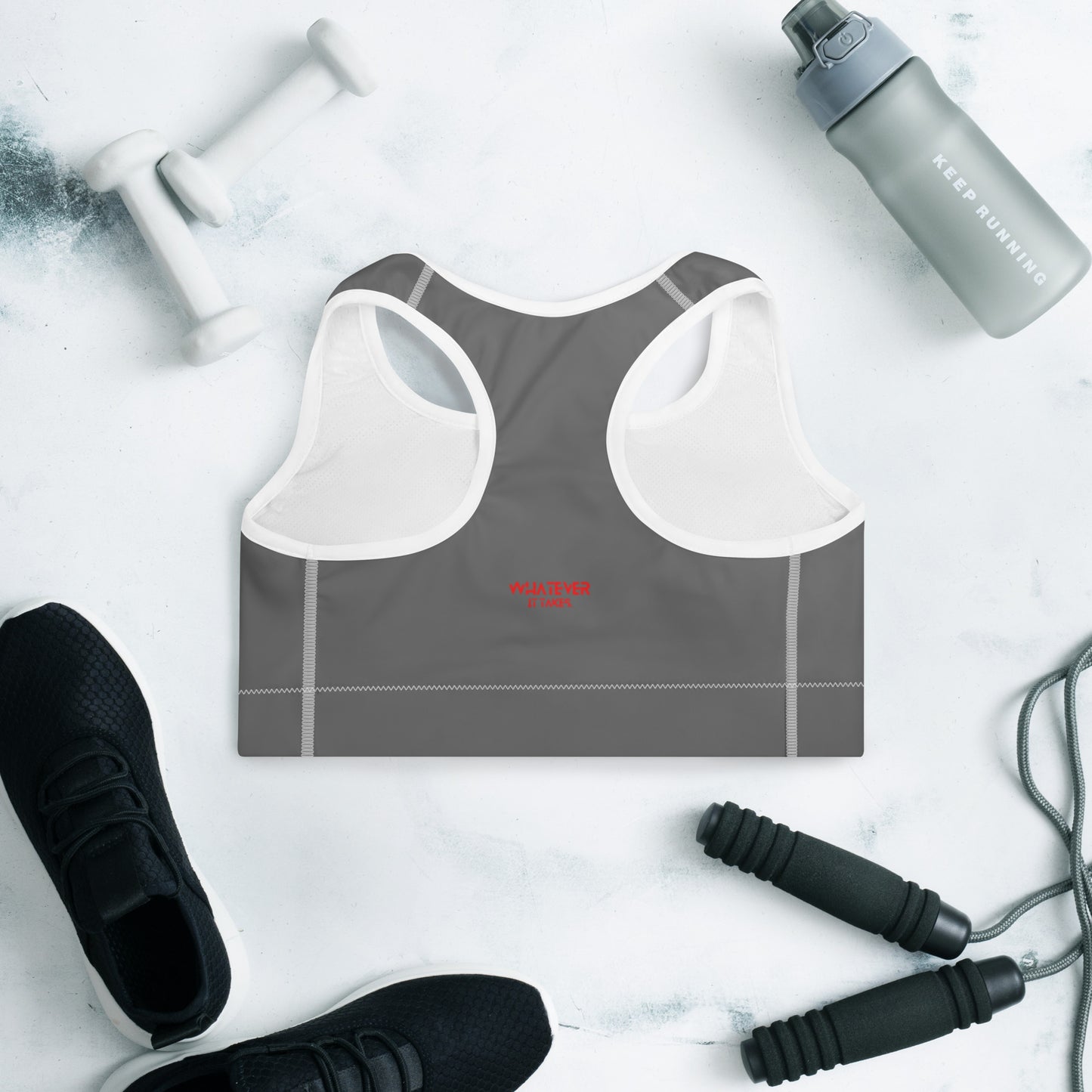 Grey - CapSol (front) / Whatever it takes (back) – bright red text - Padded Sports Bra