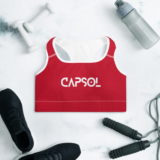 Red - CapSol (front) / Whatever it takes (back) - white text - Padded Sports Bra