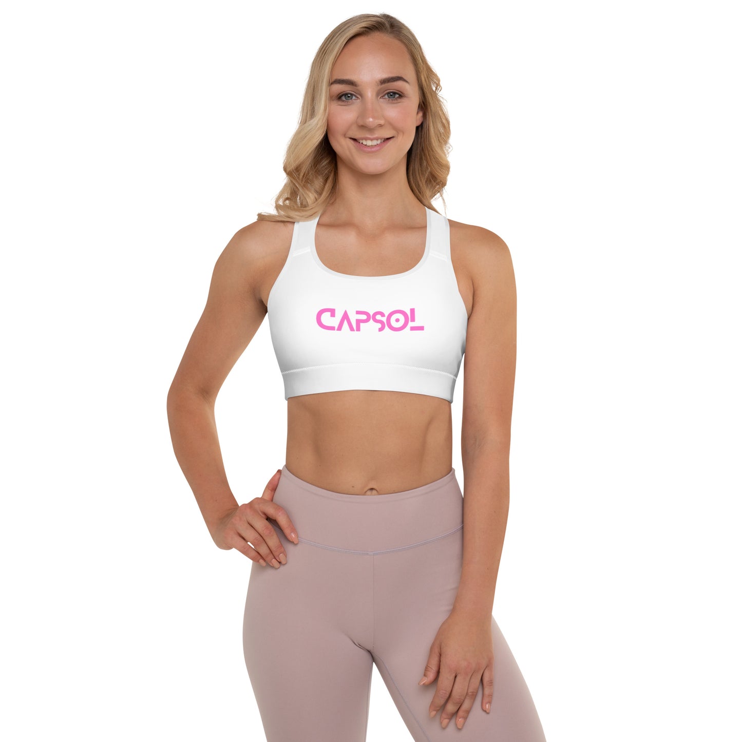 White - CapSol (front) / Whatever it takes (back) - pink text - Padded Sports Bra