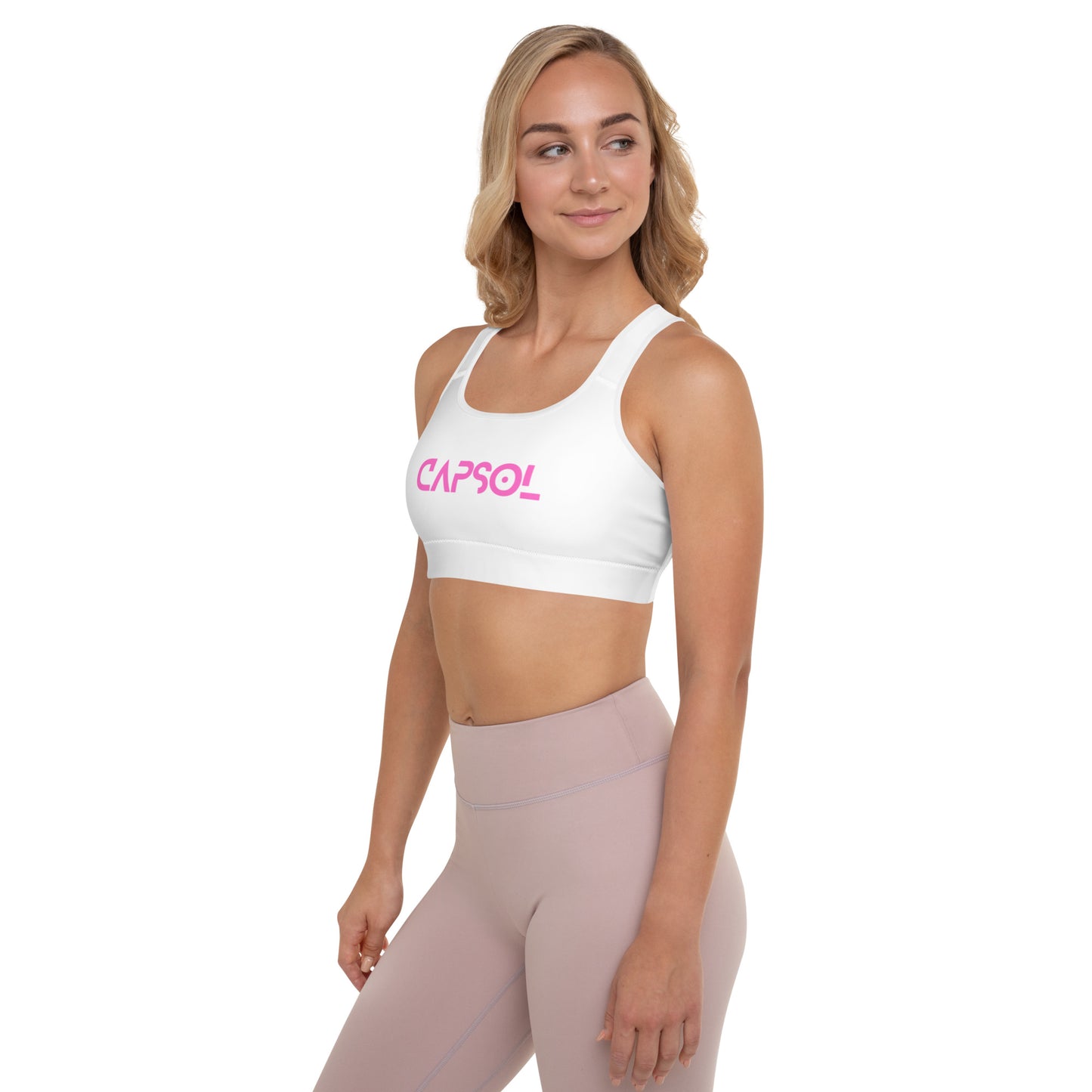 White - CapSol (front) / Whatever it takes (back) - pink text - Padded Sports Bra