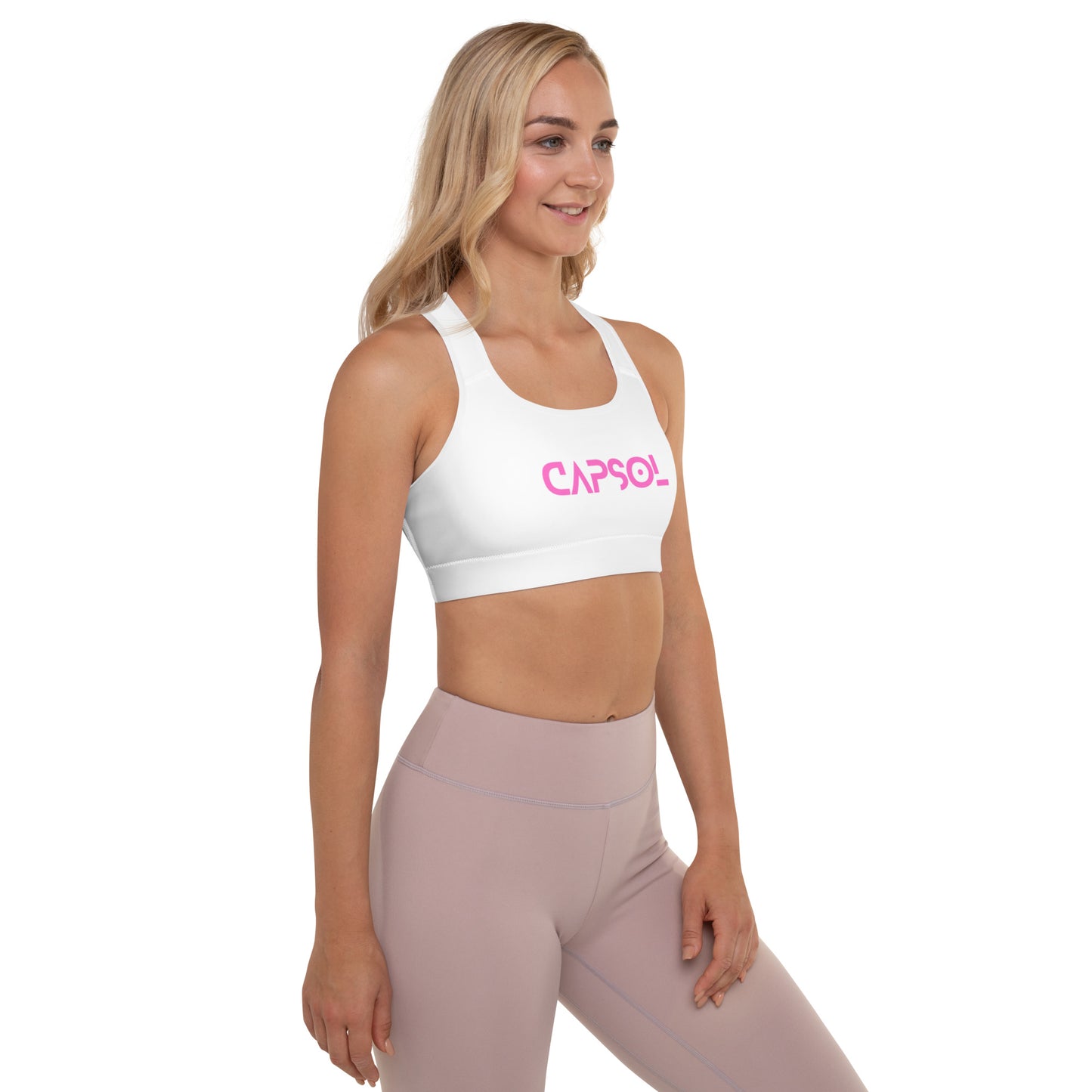 White - CapSol (front) / Whatever it takes (back) - pink text - Padded Sports Bra