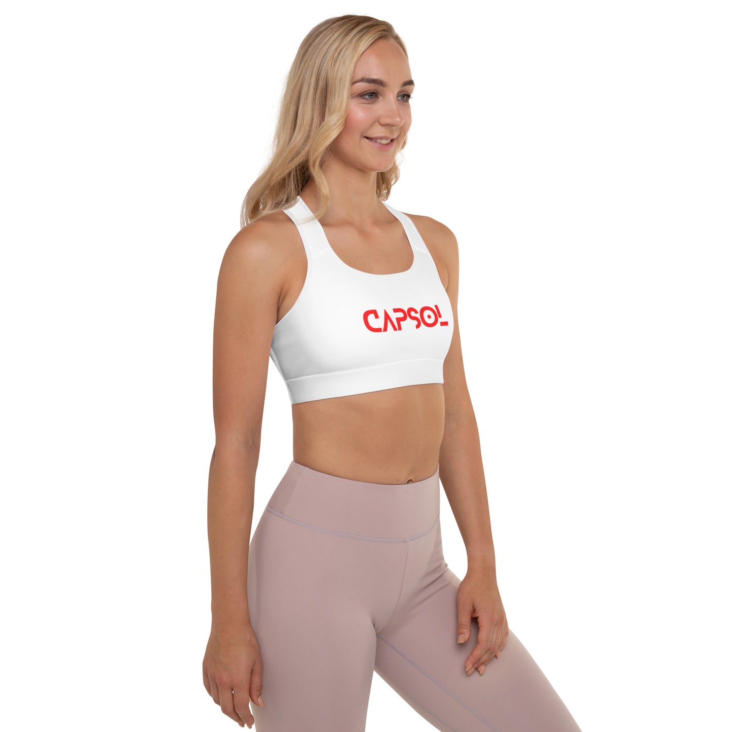 White - CapSol (front) / Whatever it takes (back) – bright red text - Padded Sports Bra