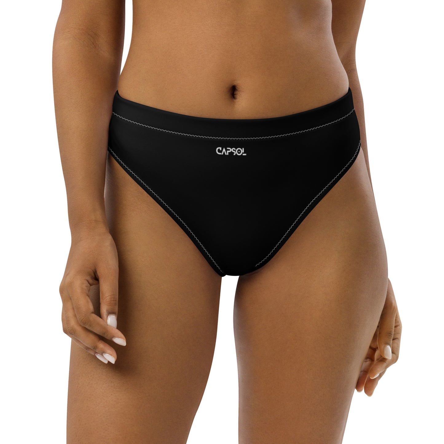 Center - Black - white text - high-waisted bikini bottom