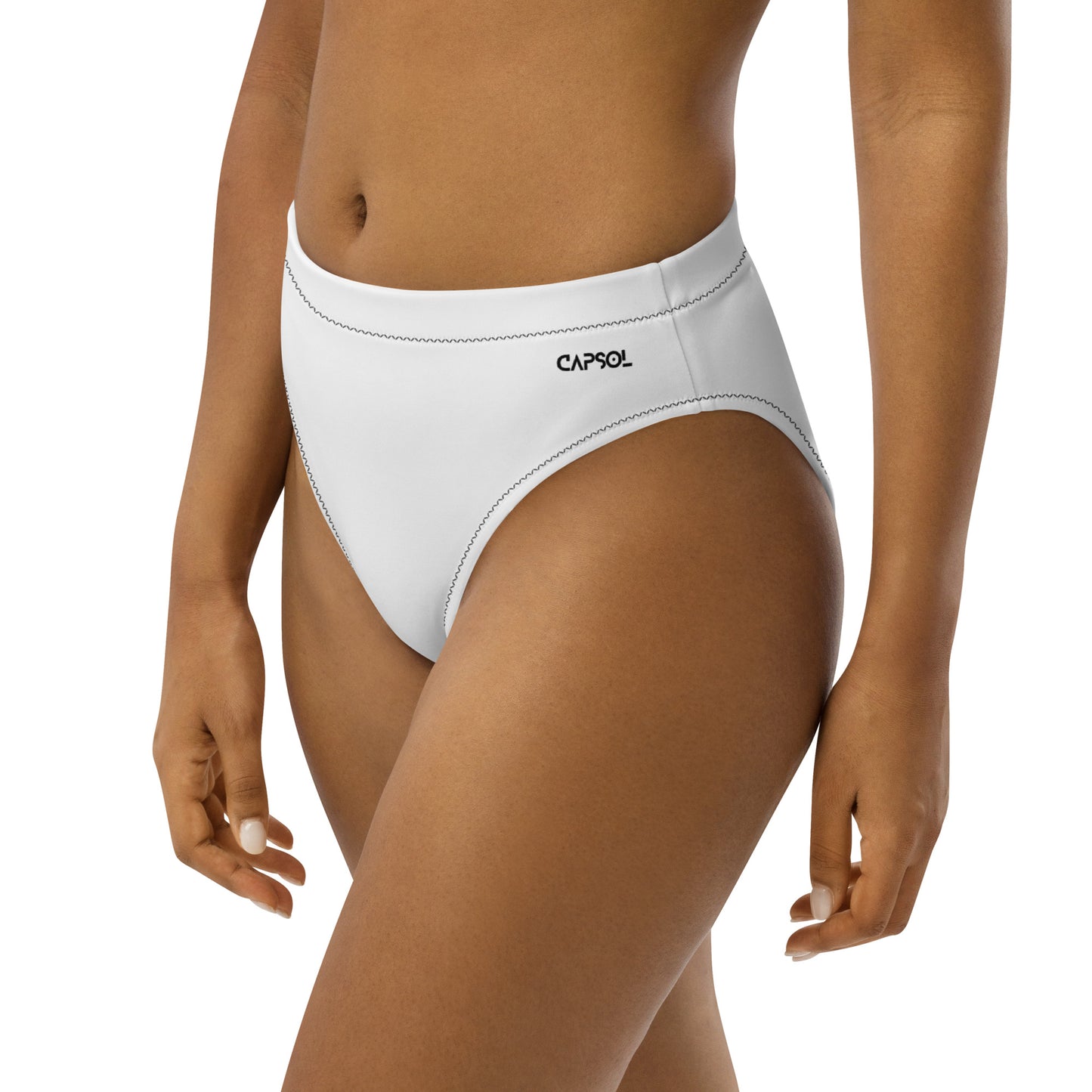 White - front left - black text - high-waisted bikini bottom