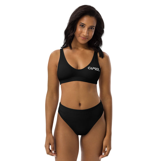 Black - front left - white text - high-waisted bikini