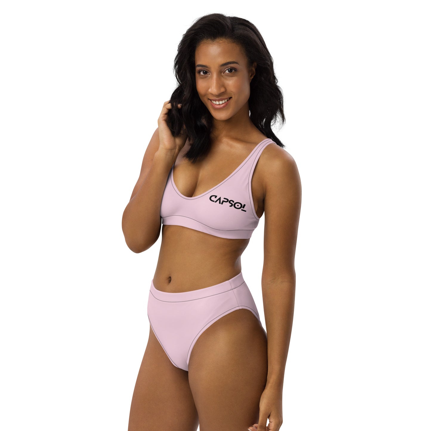 Light Pink - front left - black text - high-waisted bikini